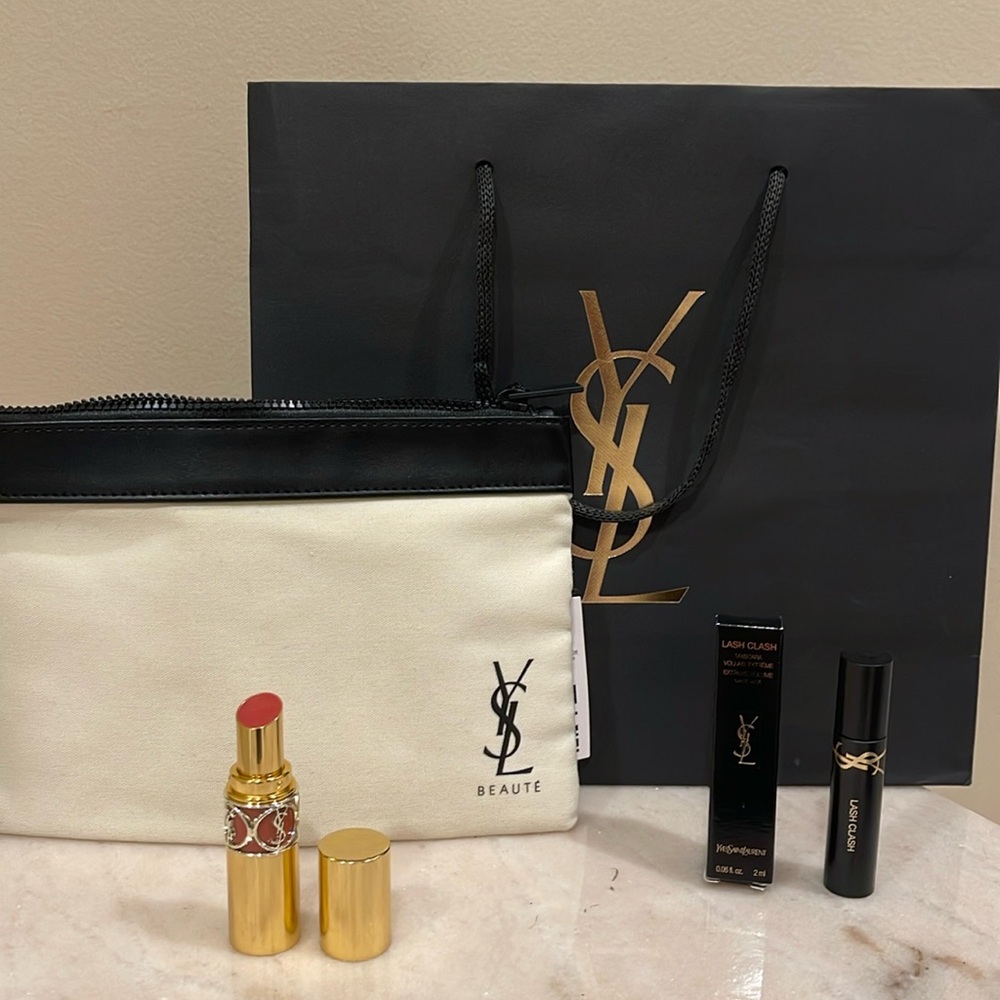 YSL Rouge Volupte Shine No 162 pulsing Rosehip lipstick and mascara set